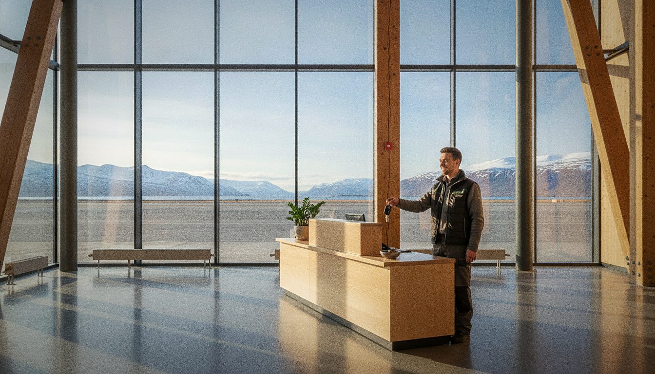 Comptoir de location de voiture dans un aéroport, employé remettant des clés