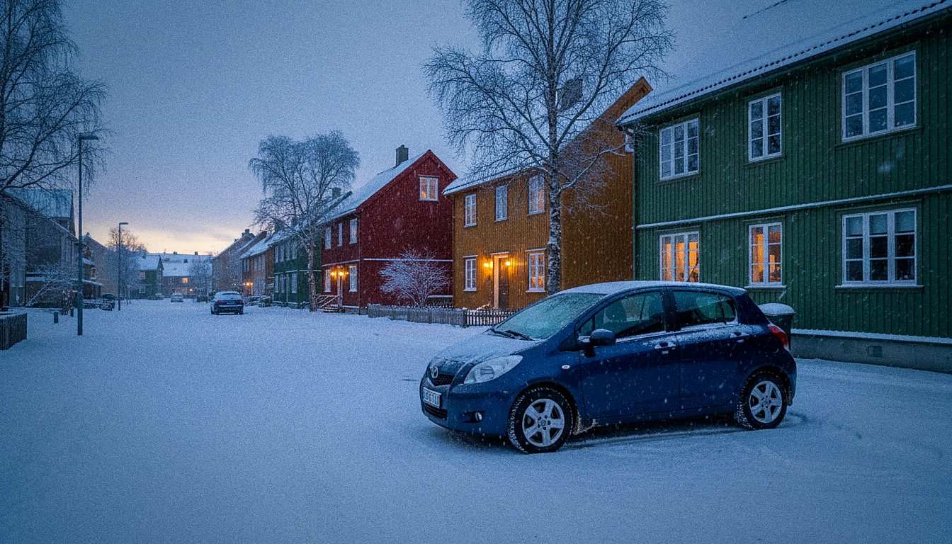 Petite voiture de location garée dans une rue enneigée de Tromsø