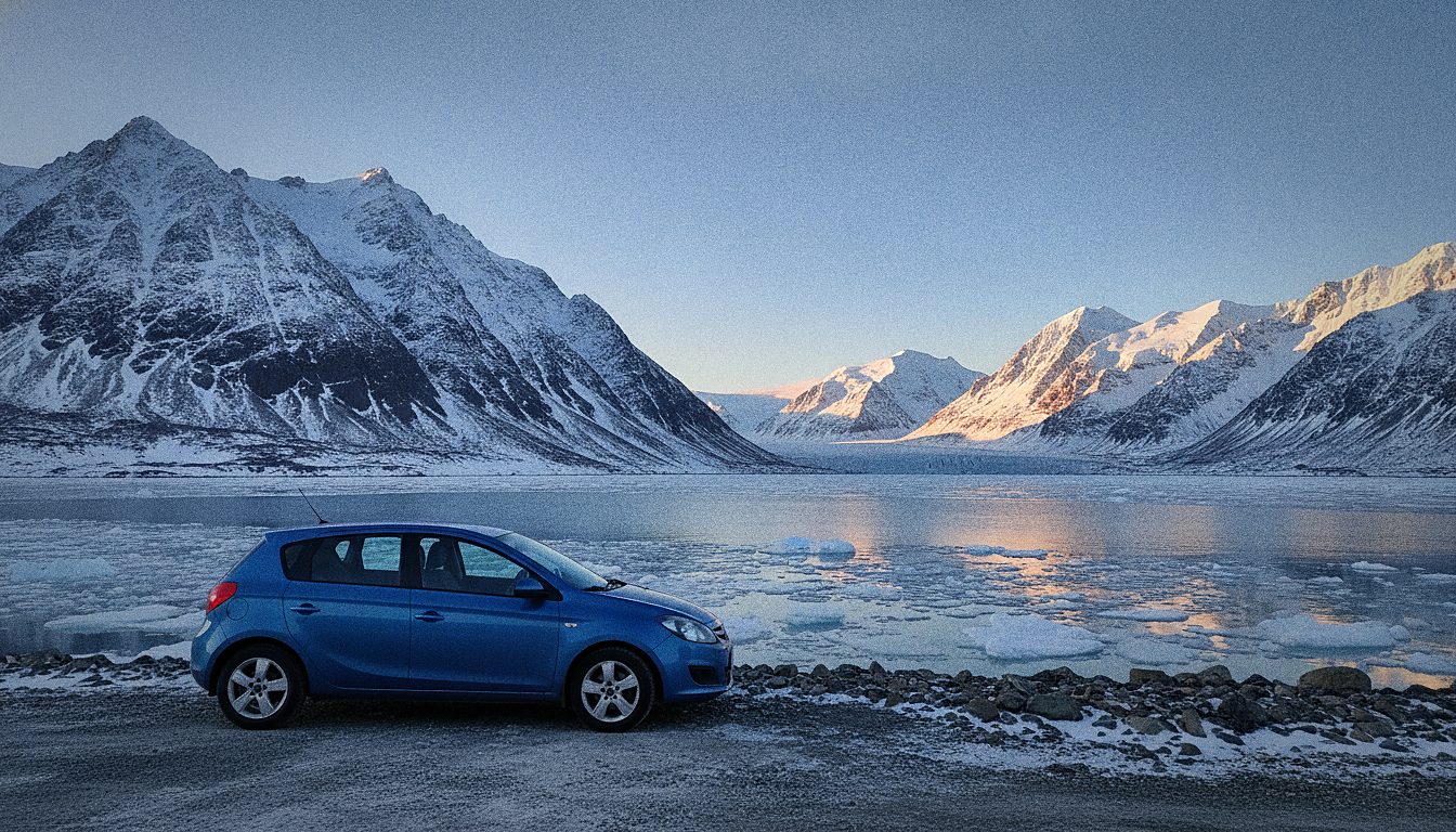 Petite voiture compacte garée près d'un fjord arctique enneigé