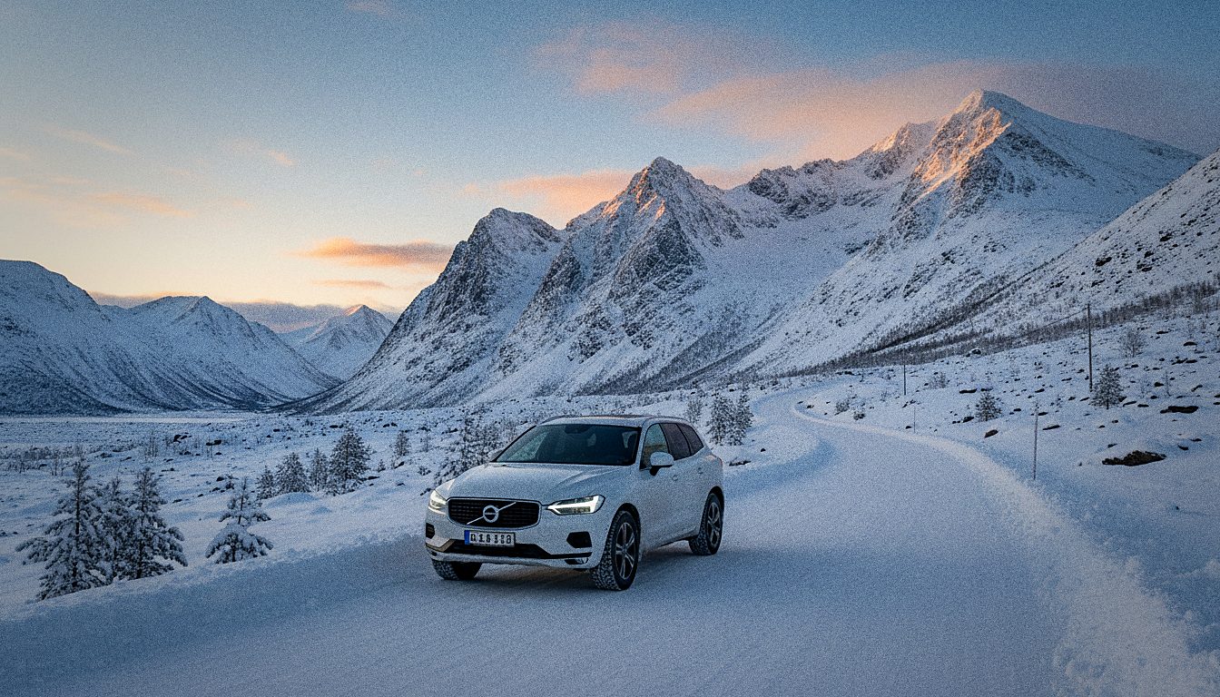 SUV Volvo garé devant un paysage de montagnes enneigées arctiques
