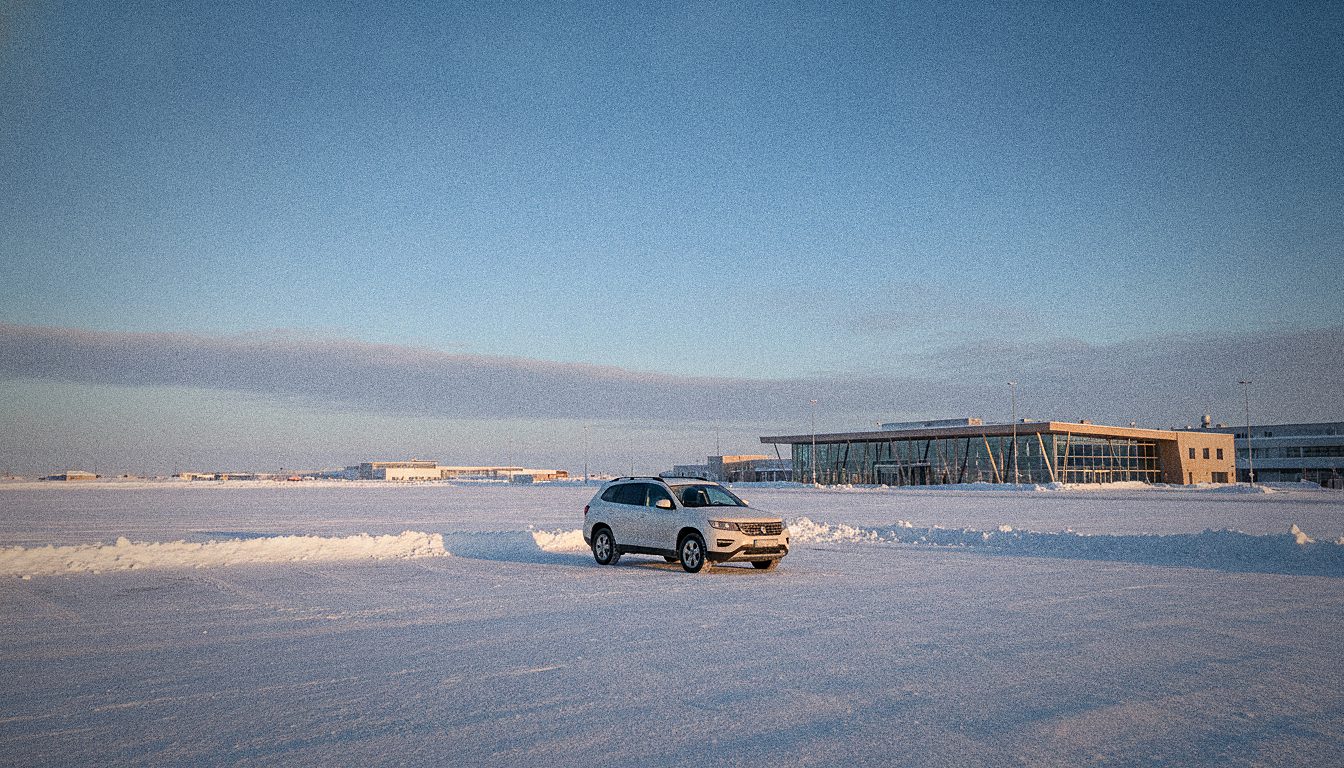 Voiture de location moderne garée près d'un aéroport arctique enneigé