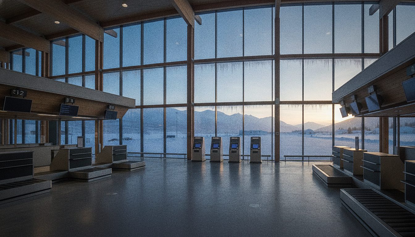 Hall d'enregistrement de l'aéroport de Tromsø, grandes baies vitrées sur les montagnes enneigées