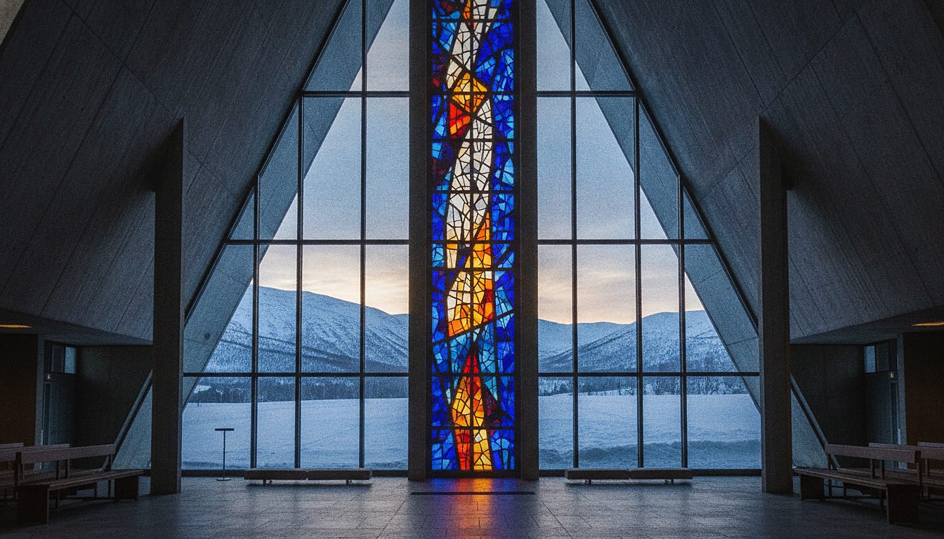 Vitrail coloré à l'intérieur de la cathédrale arctique de Tromsø