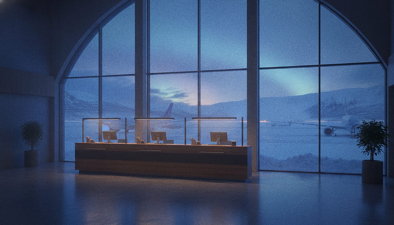Comptoir de location de voiture partagé dans un aéroport arctique, hiver