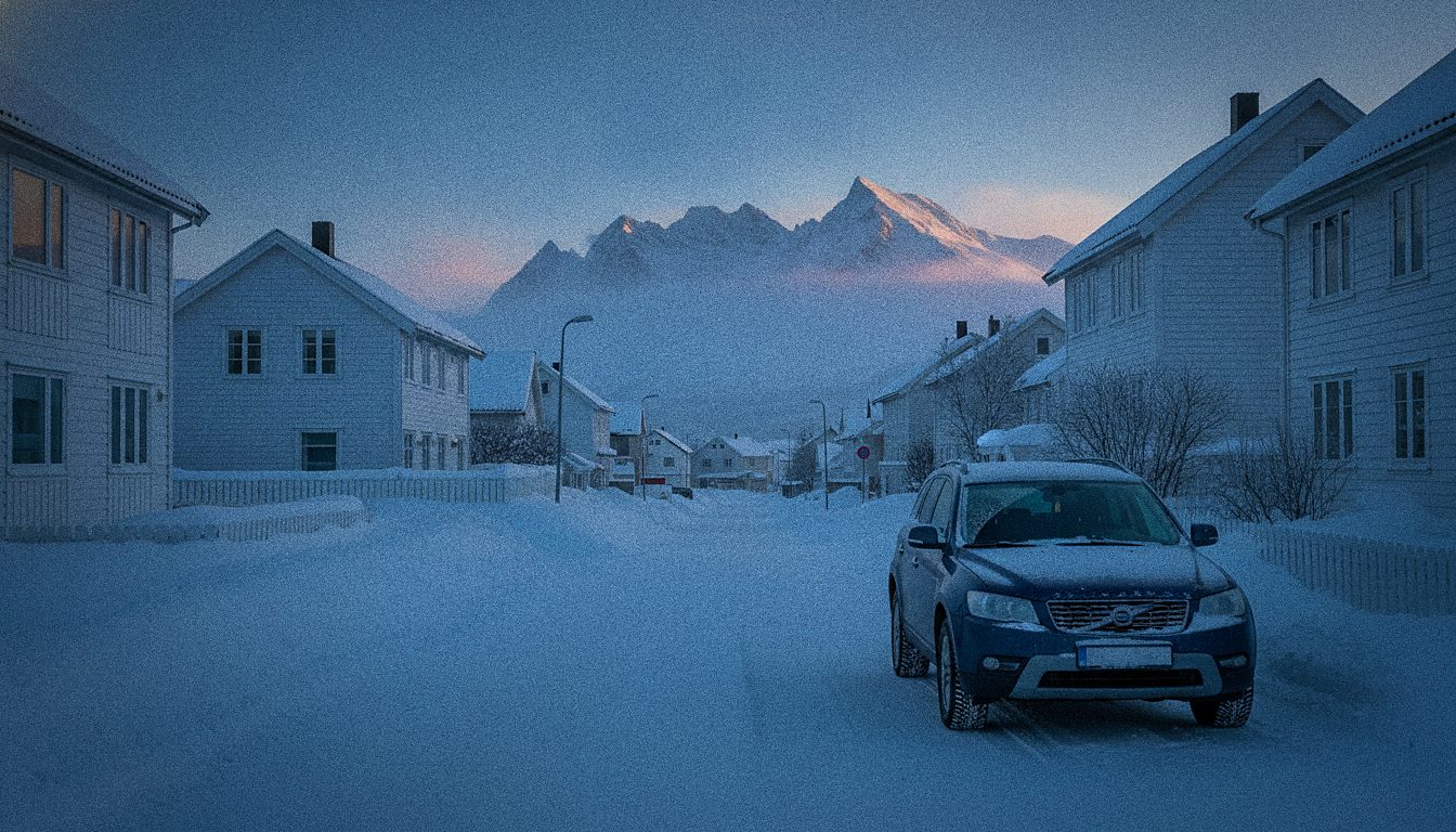 Voiture de location garée dans une rue calme du quartier de Tromsdalen, hiver