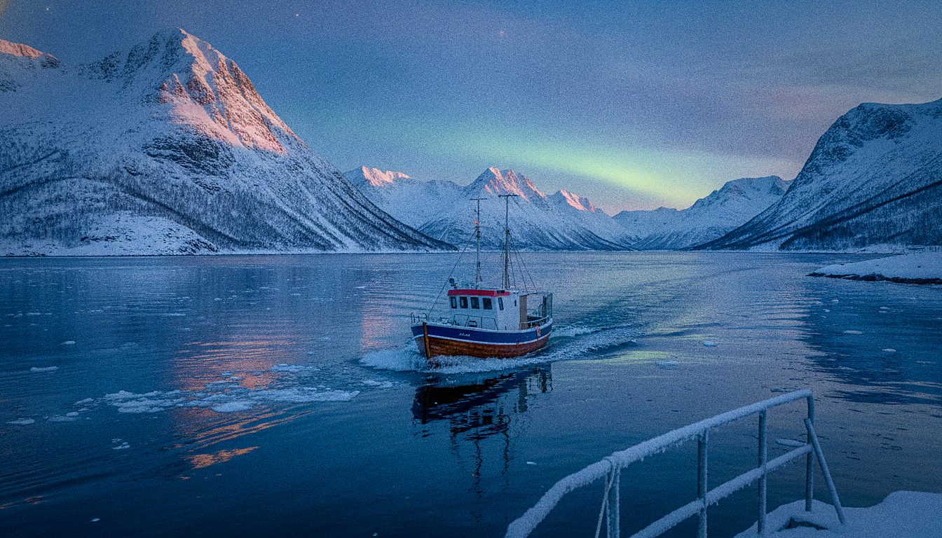 Petit bateau naviguant entre des montagnes qui plongent dans un fjord arctique