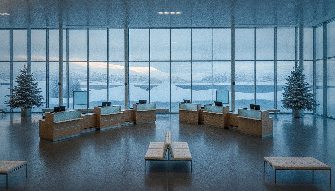 Comptoir de location au premier étage d'un terminal d'aéroport, hall lumineux