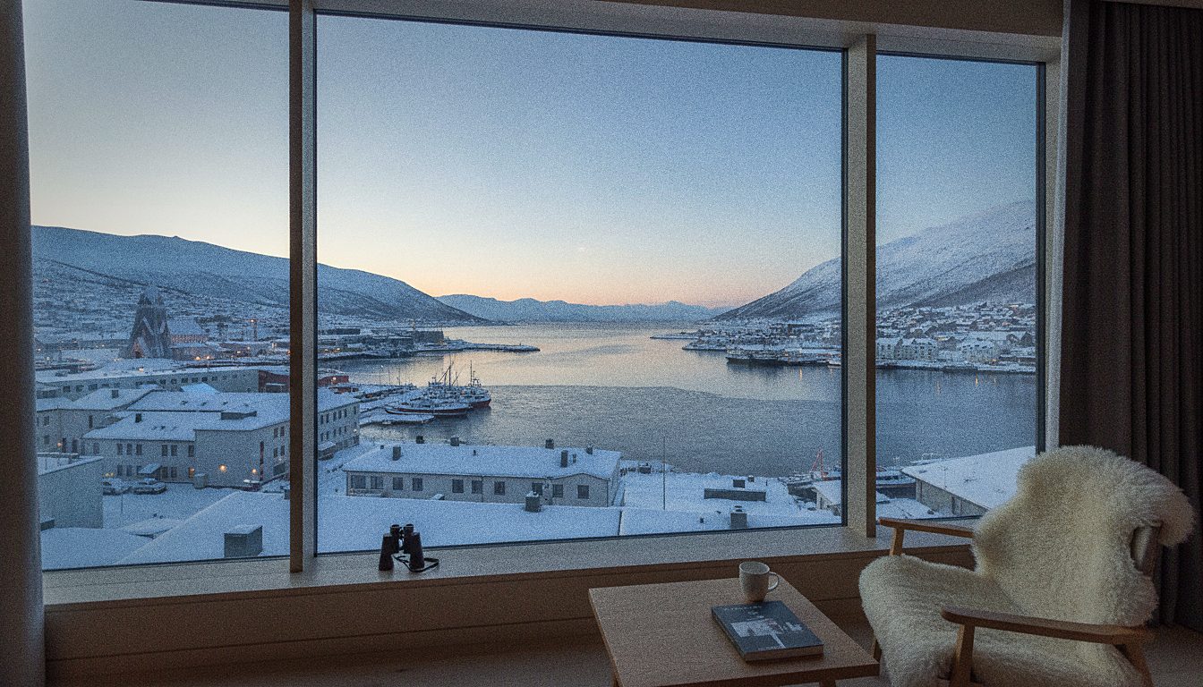 Chambre d'hôtel moderne avec vue sur le port de Tromsø enneigé