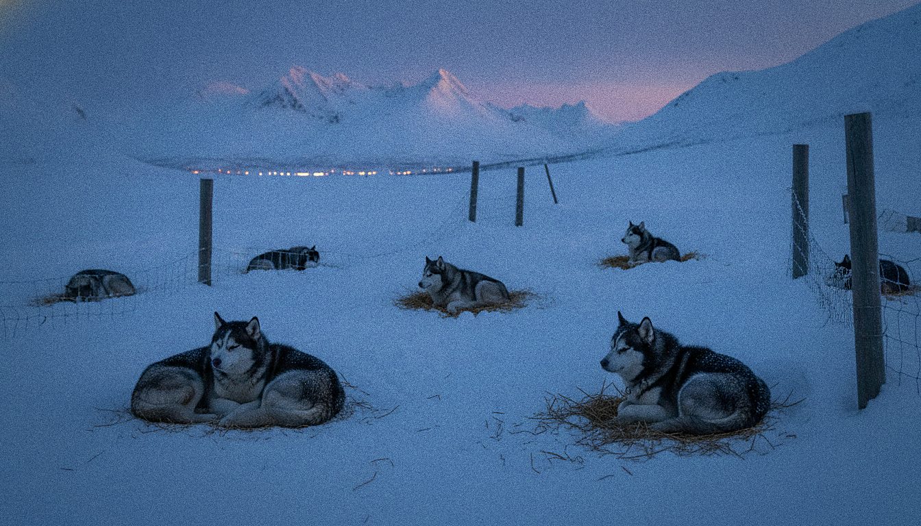 Chiens de traîneau au repos dans un chenil enneigé près de Tromsø