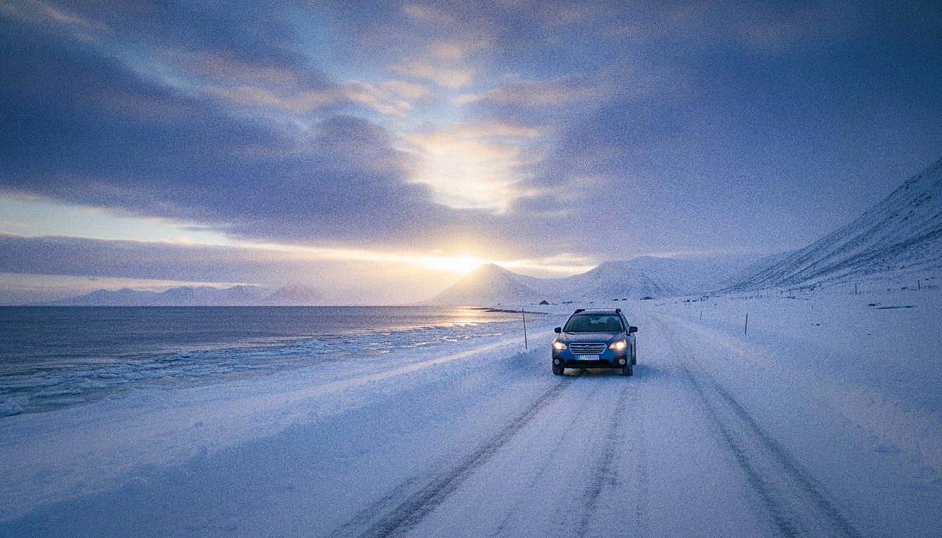 Voiture de location roulant sur une route côtière enneigée près de Tromsø