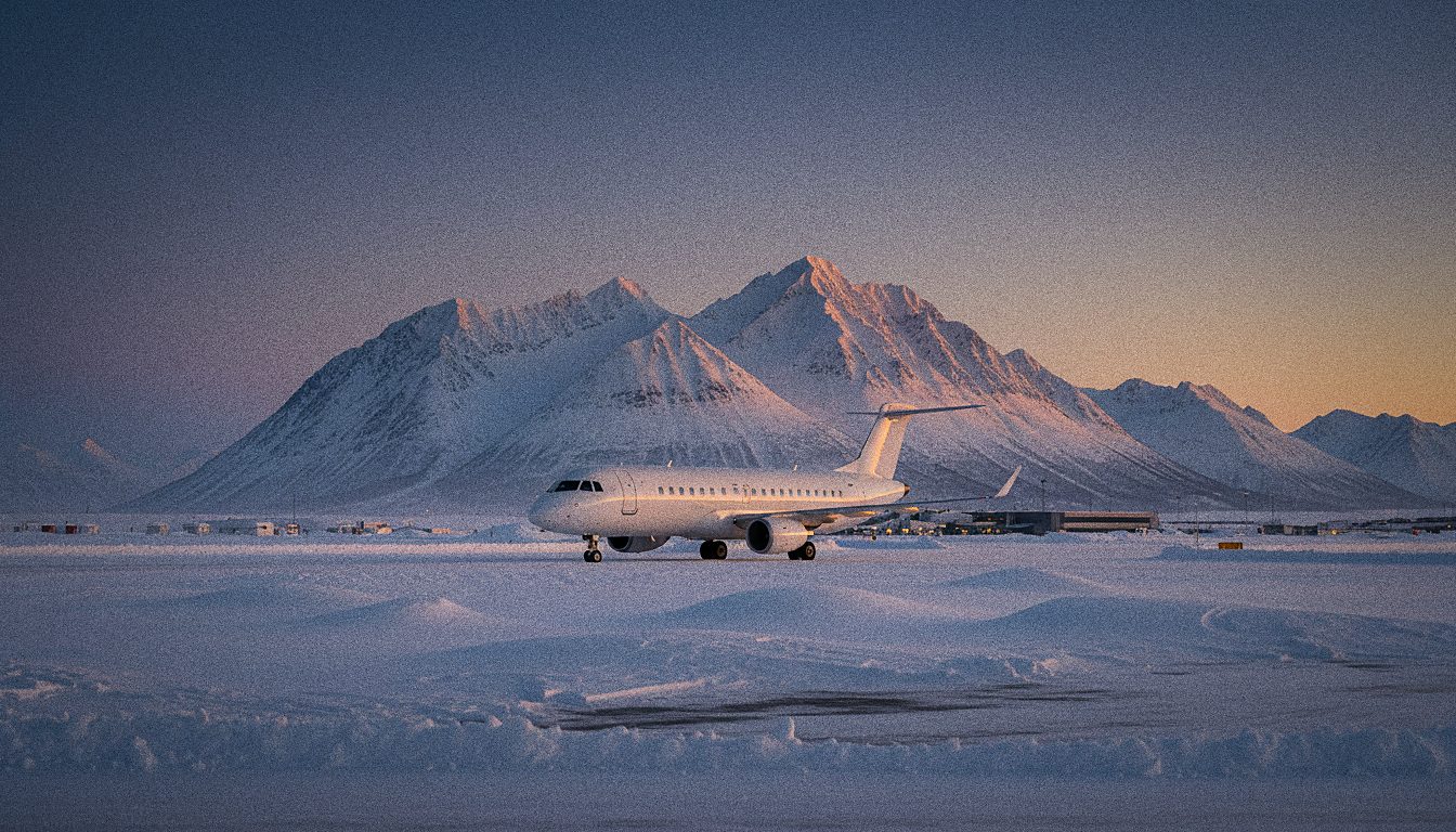 Avion de ligne domestique norvégien au sol devant des montagnes enneigées