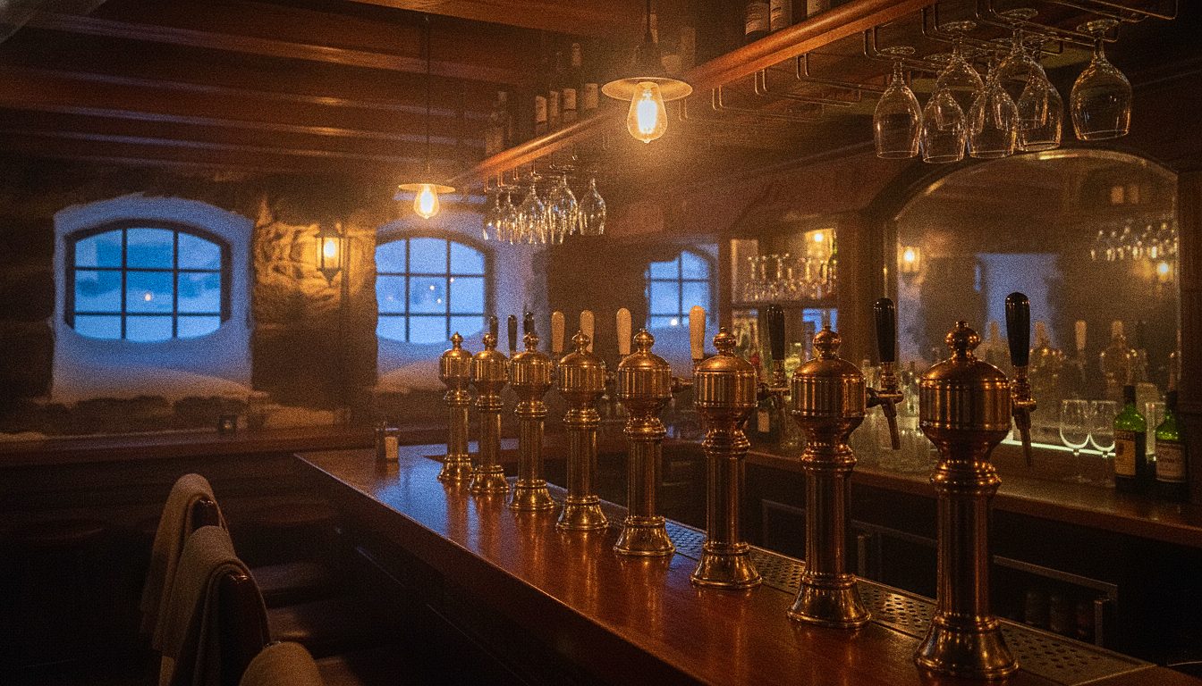 Rangée de tireuses à bière dans un pub traditionnel norvégien en sous-sol