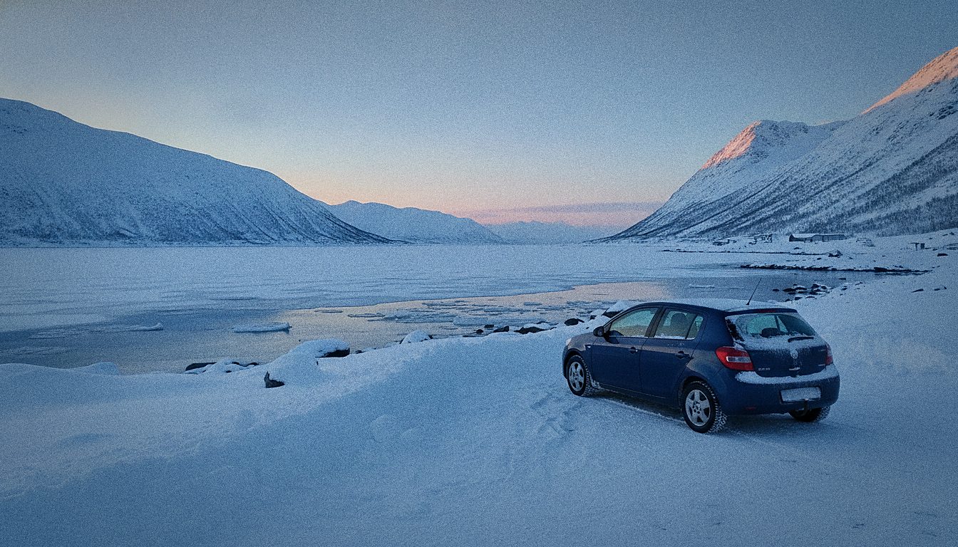 Petite voiture de location garée près d'un fjord sur l'île de Kvaløya, Tromsø