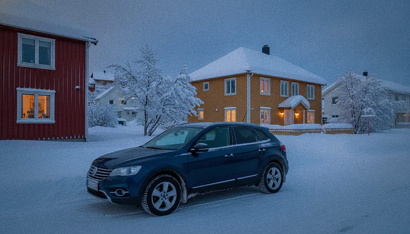 Voiture de location garée devant des maisons du quartier de Tomasjord, Tromsø, hiver