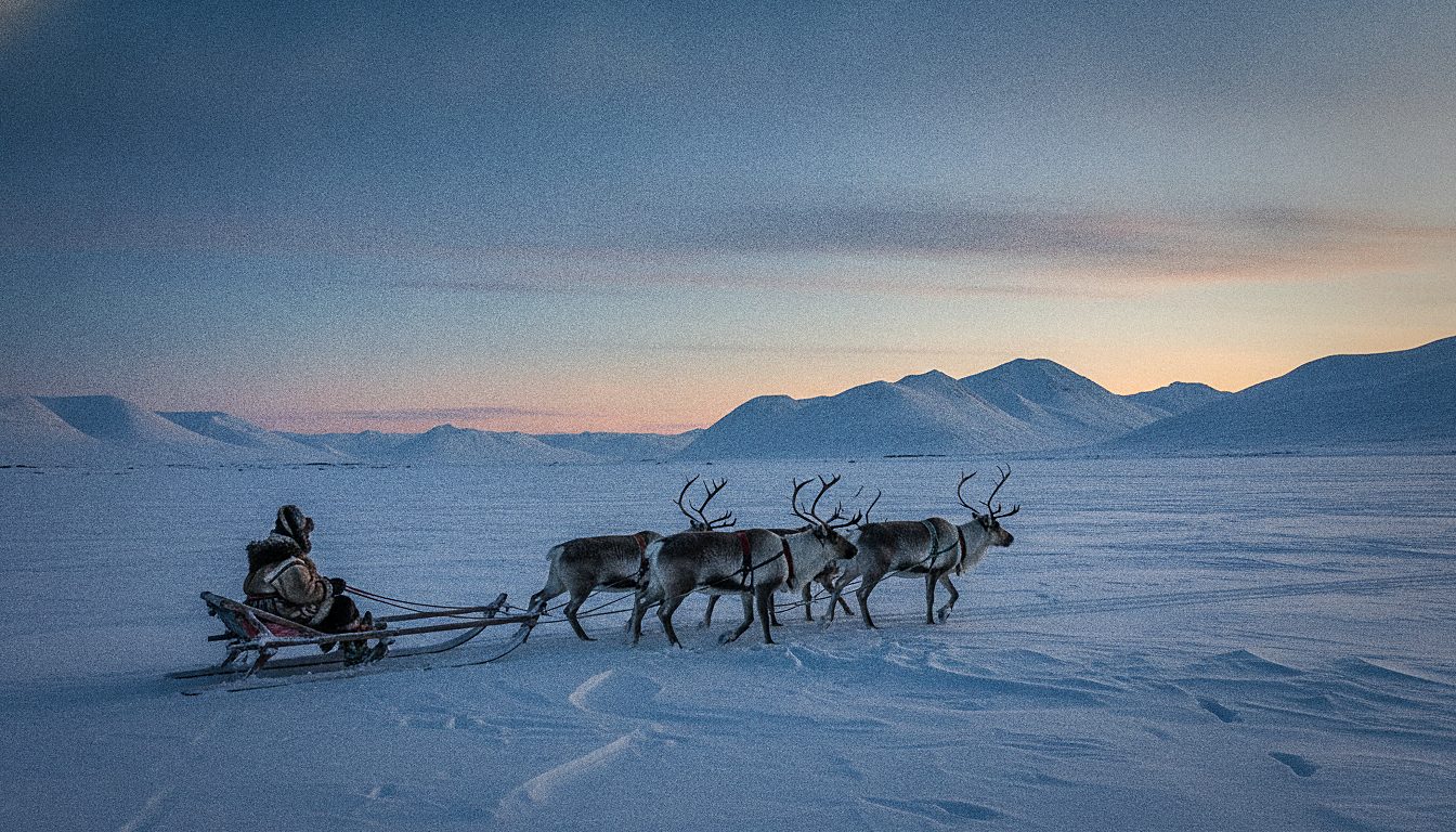Traîneau tiré par des rennes dans un paysage arctique enneigé près de Tromsø
