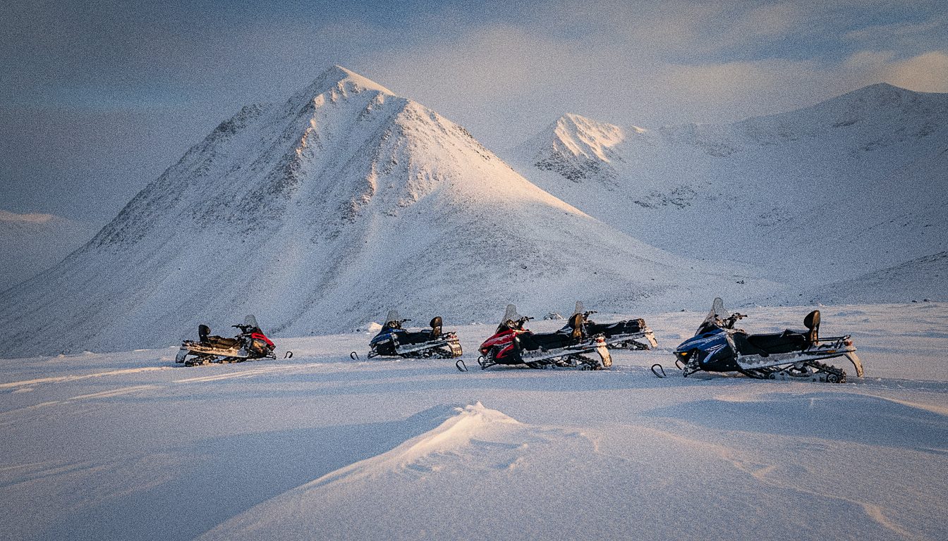 Motoneiges garées dans un paysage montagneux spectaculaire des Alpes de Lyngen