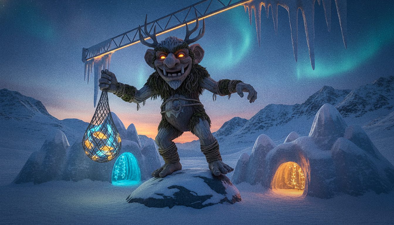 Sculpture de troll du folklore norvégien dans une scénographie ludique