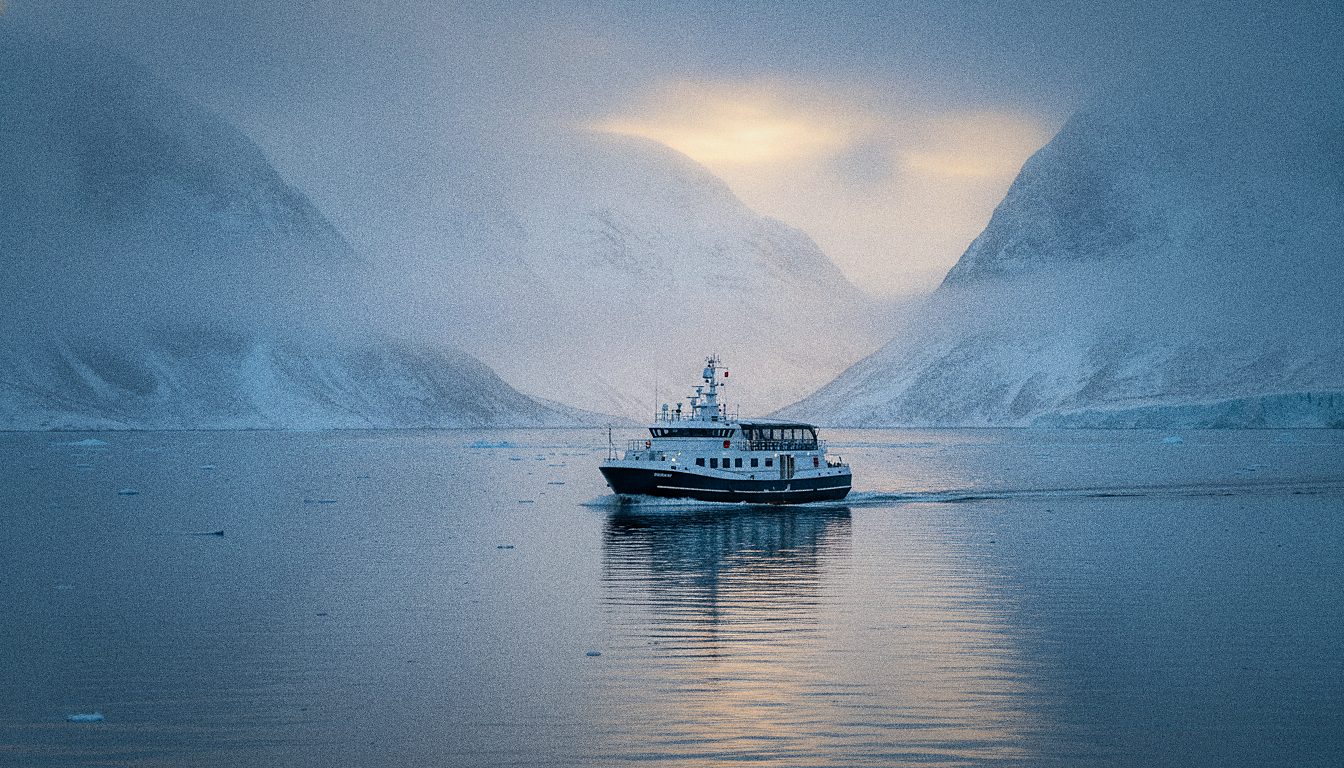 Bateau d'observation voguant dans un fjord arctique brumeux près de Tromsø