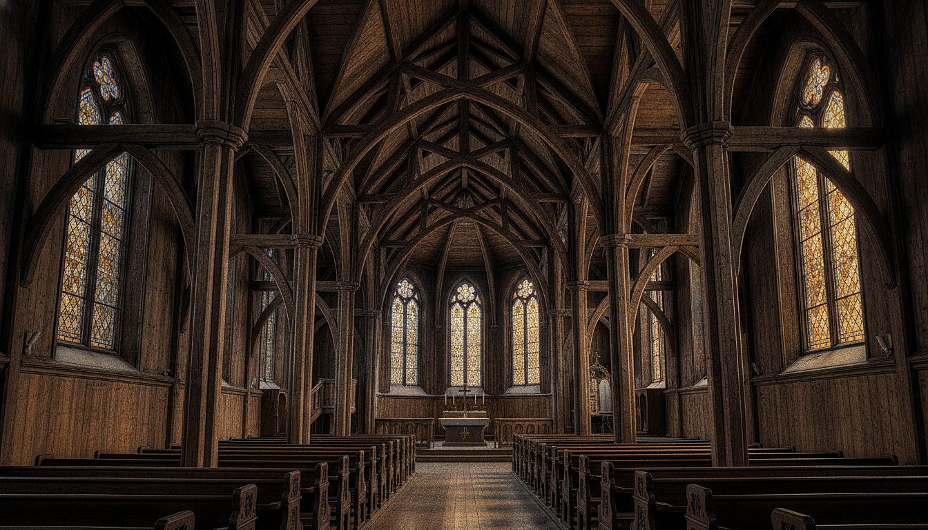 Intérieur en bois de la cathédrale de Tromsø, charpente traditionnelle du XIXe siècle