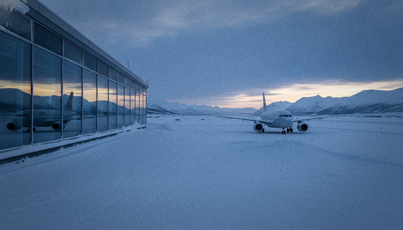 Terminal de l'aéroport de Tromsø avec avion sur le tarmac enneigé