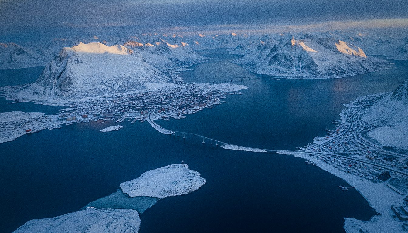 Vue aérienne de Tromsø, ses îles, son pont et les fjords environnants enneigés