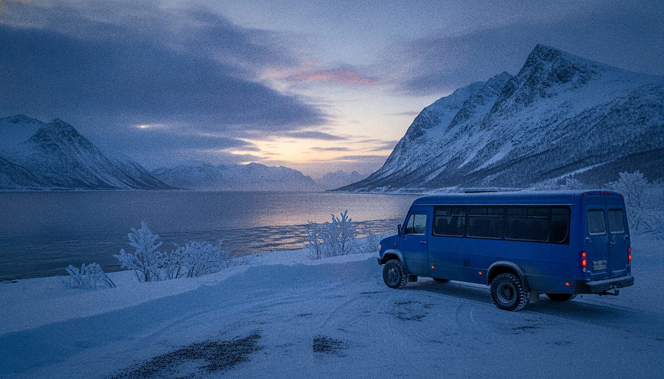 Minibus d'excursion garé face à un fjord arctique enneigé au crépuscule