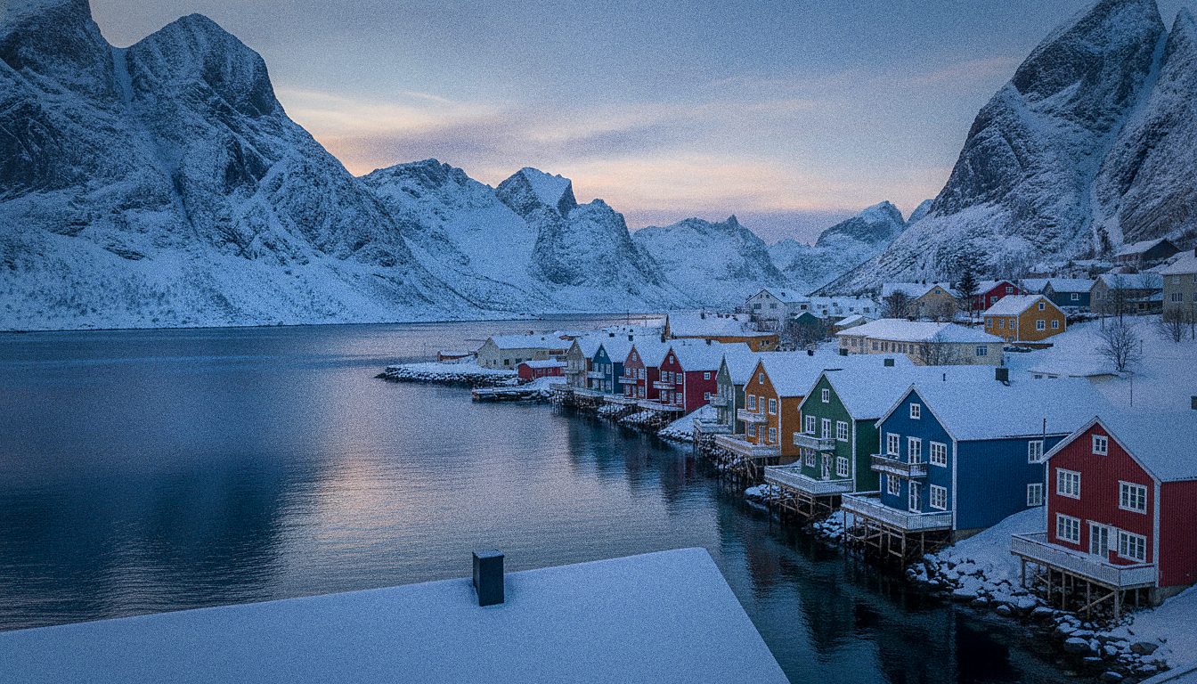 Maisons en bois colorées du port de Tromsø sous la neige