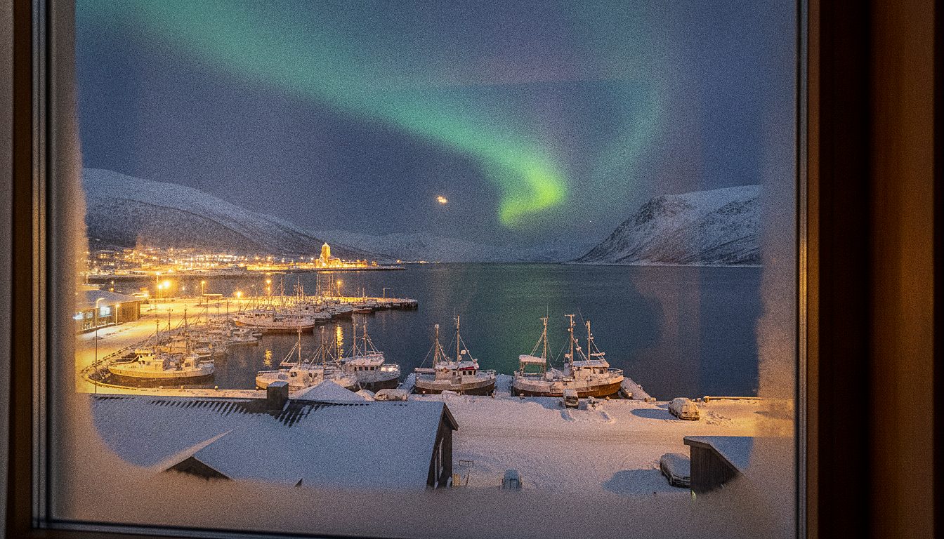 Chambre d'hôtel avec vue nocturne sur le port enneigé de Tromsø