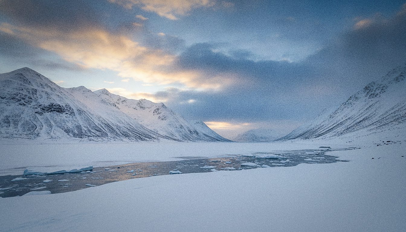 Ciel changeant entre lumière basse et nuages au-dessus des montagnes enneigées de Tromsø