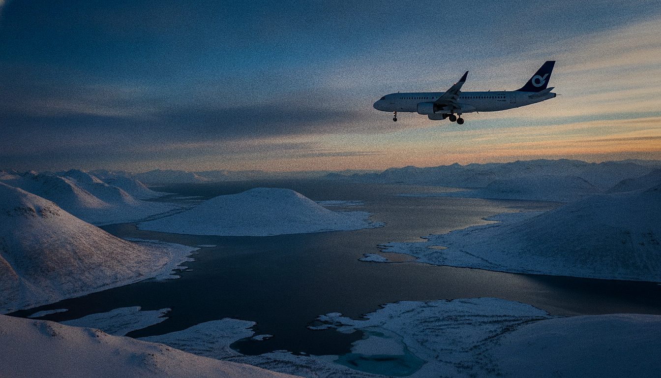 Avion en approche au-dessus des fjords enneigés près de Tromsø