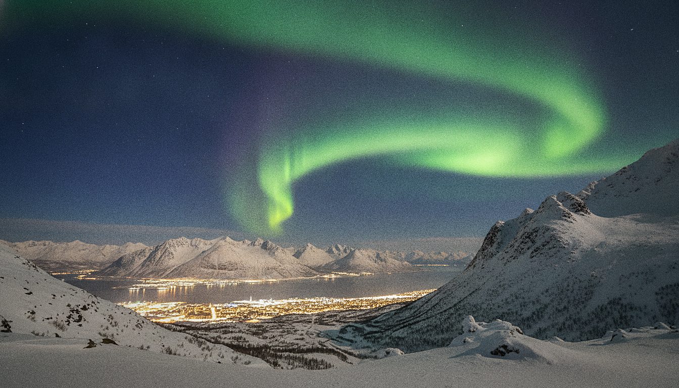 Aurores boréales vertes dans le ciel nocturne au-dessus des montagnes de Tromsø